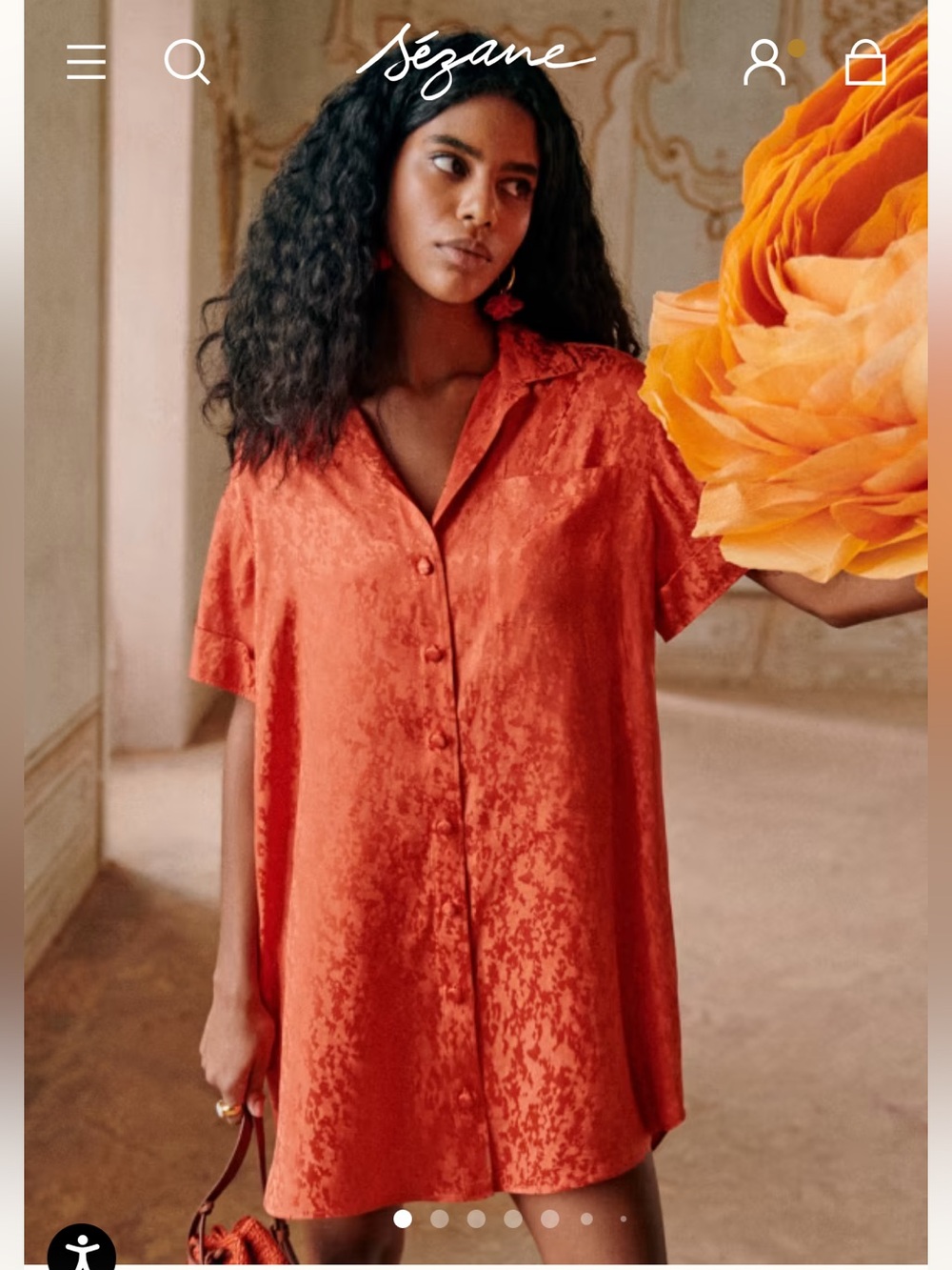 Sezane Editions Ana Short Sleeve Shirt Dress in Terracotta Orange Viscose Medium